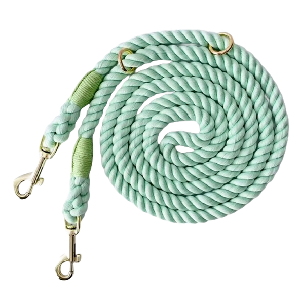 Mint Green Heavy-duty braided rope dog leash with adjustable metal rings and two heavy-duty clips